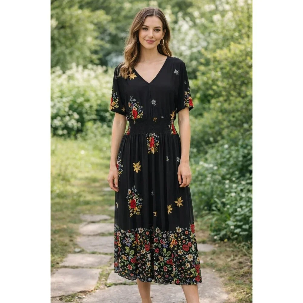 Lildy New Size L/XL Tassel Tie Back Maxi Dress Black Floral Boho - Picture 10 of 10